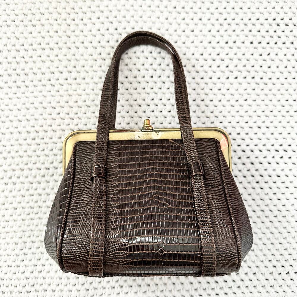 After Five Brown Reptile Textured Leather Framed Small Evening Bag Vintage